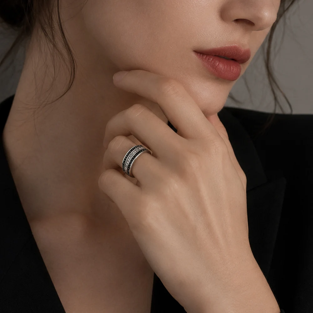 Pierścionek z czarnym CZ Pave Europe Style Vintage Jewelry Fine Jewelry dla kobiet mężczyzn prezent ze srebra próby 925 — zdjęcie 4