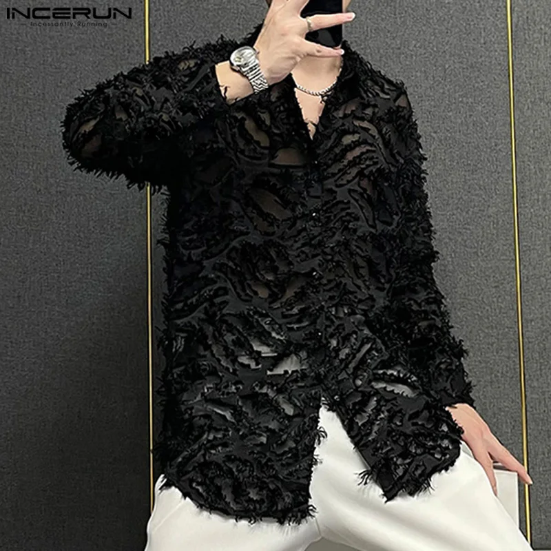 INCERUN Tops 2024 Korean Style Men\'s Hollow Plush Tassels Perspective Design Shirts Casual Streetwear Long Sleeved Blouse S-5XL