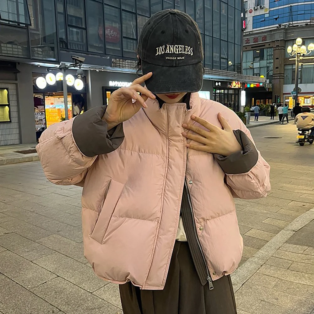 Casual Lose Frauen Winter Baumwolle Mäntel 2025, Neue Einfarbig Dicke Warme Stehkragen Jacken Kurze Baumwolle Brot Parkas