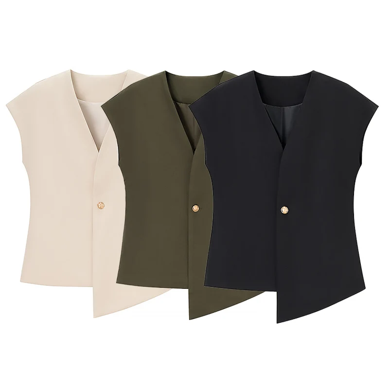 

Willshela Women Fashion Solid Single Button Sleeveless Jacket Vintage V-Neck Vest Female Office Lady Waistcoats