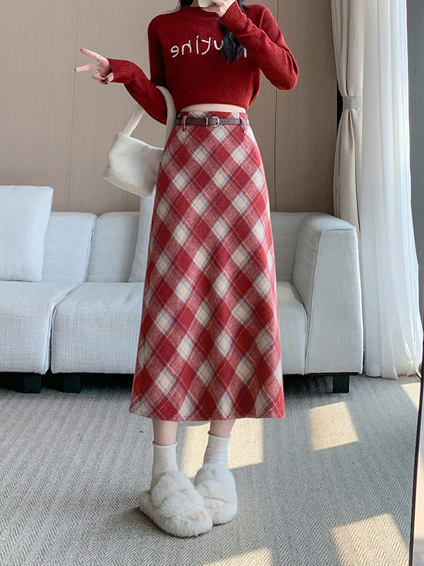 High Waist Plaid Midi Skirt Women's Winter Korean Style Wool Belted A-Line Skirt Casual Commute Fashion plus Size