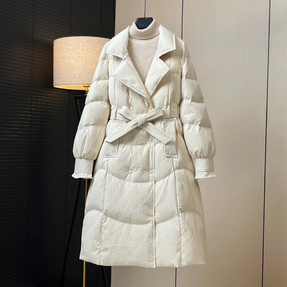 90%ホワイトダックダウンダウンジャケット2025冬新作女性ファッションスーツカラー厚手ダウンコートレディースレースアップロングパーカーオーバーコート
