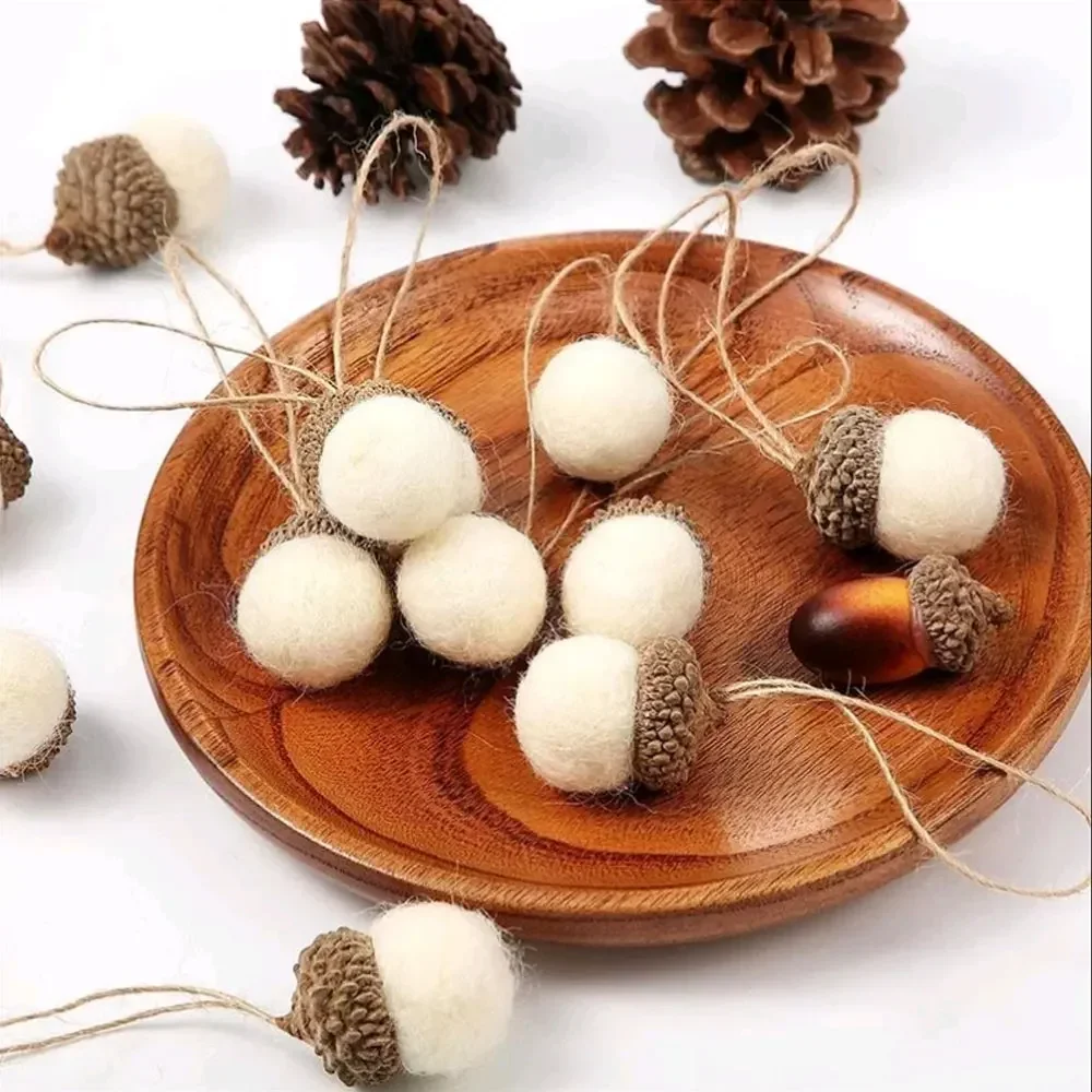 New Year 2023 6pcs Xmas Tree Ornament Wool Felt Pine Tower Ball Pine Cone Acorn String DIY Material Pendant Christmas Decor Home