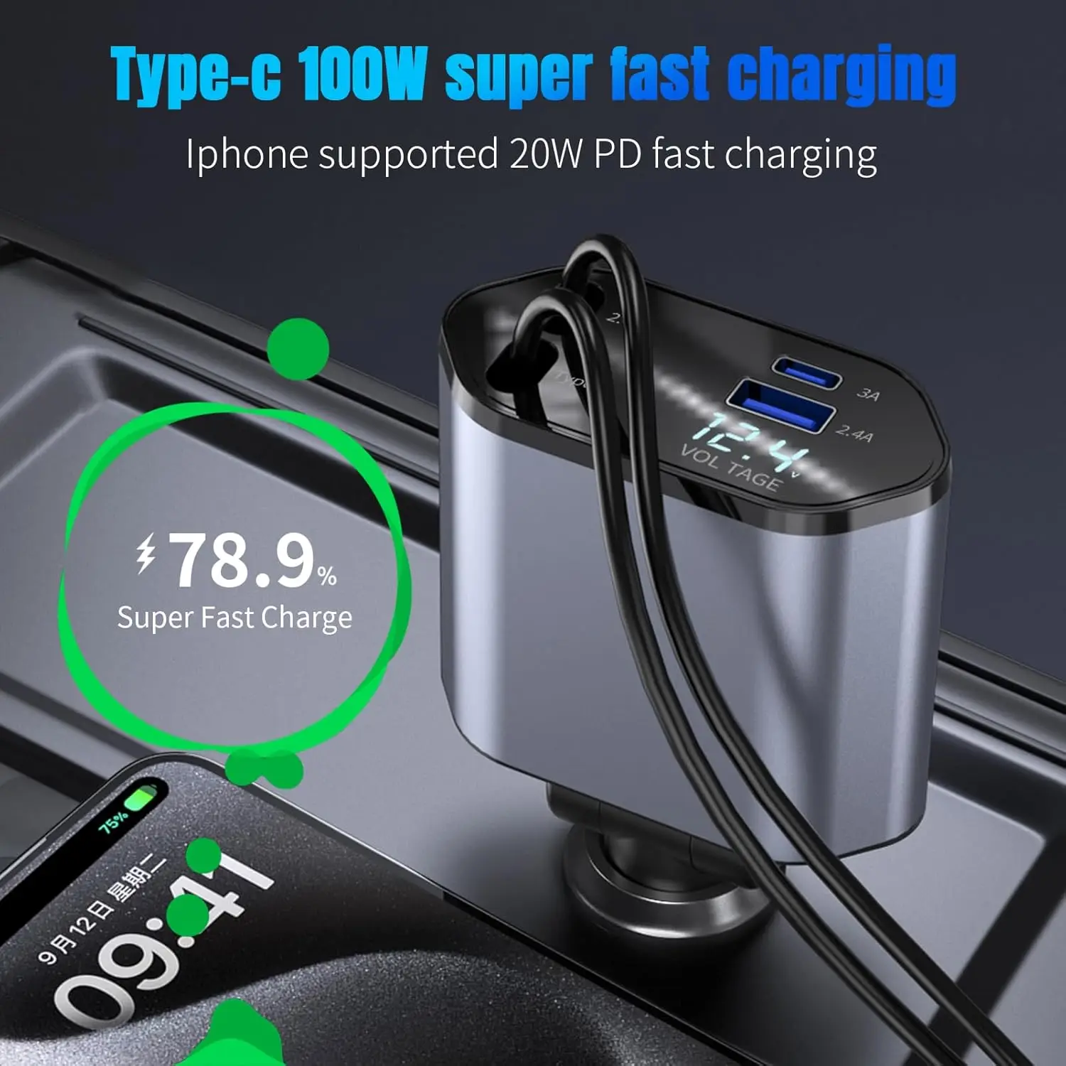 

Retractable Car Charger 4 in 1 Fast Car Phone Charger 100W with Cord 2.6ft USB Ports Car Charger Adapter for iPhone 15 14 13 12