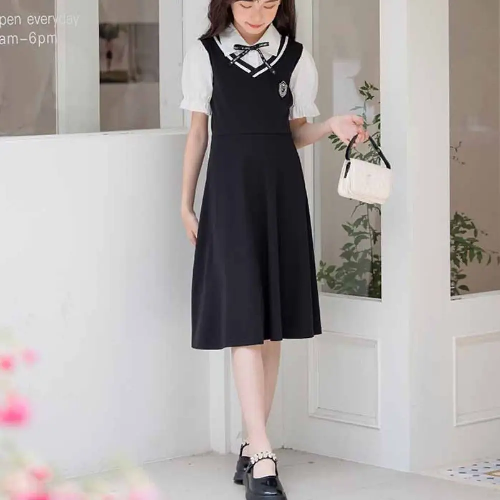 

Pleated Girls False Two Dress Short Sleeve Preppy Style Summer Kids Dresses Teenagers Beach Vacation Children A-line Dress