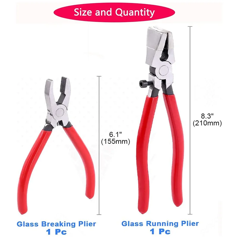 T19C Professional Glass Cutter Tool Set: 2 Pcs With Running Pliers, Curved Jaws & Breaking Pliers With Rubber Tips