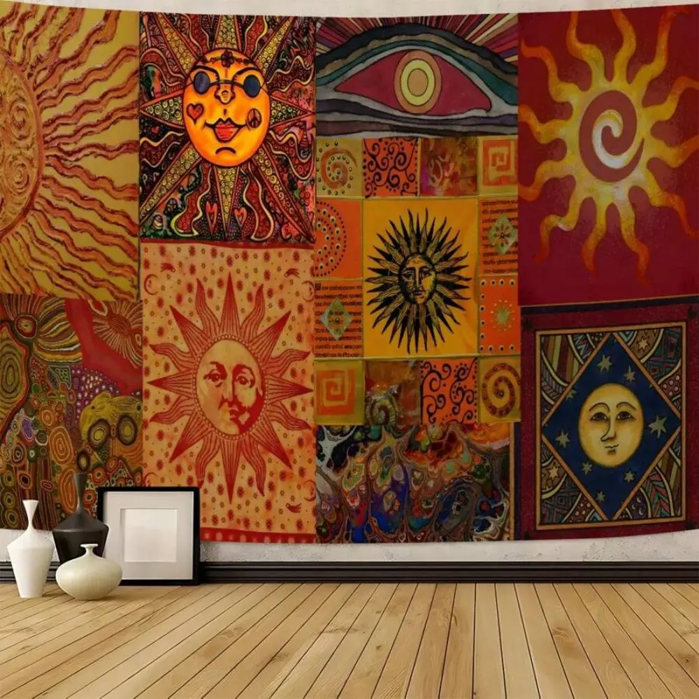 Tapeçaria Boho VIKAMA com estampa de sol e rosto colorido, tapeçaria de parede para quarto, sala de estar, dormitório, decoração de festa, decoração de casa, decoração de quarto