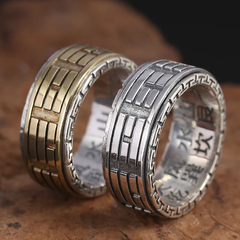 BOCAI New Solide s925 pure silver man ring Thai silver retro turning Tai Chi gossip ring for men and women