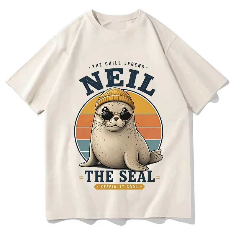Neil The Seal Retro Cool Seal Vintage Graphic T Shirts Fashion Women Men Round Neck Short Sleeve Tee Cotton Casual Loose Clothes
