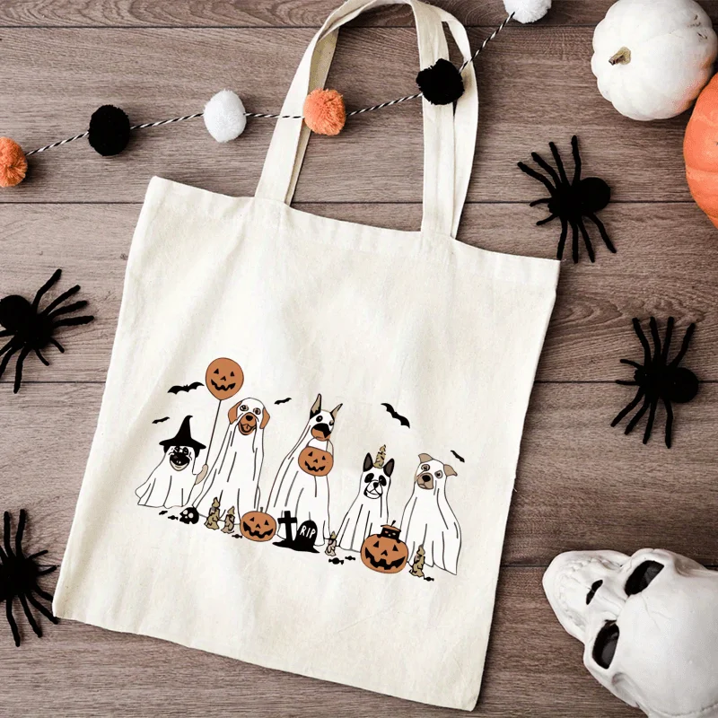 Happy Halloween tote bag，Designed with a dog ghost motif，Spacious and stylish canvas structure，Perfect for Outdoor Activities，Li