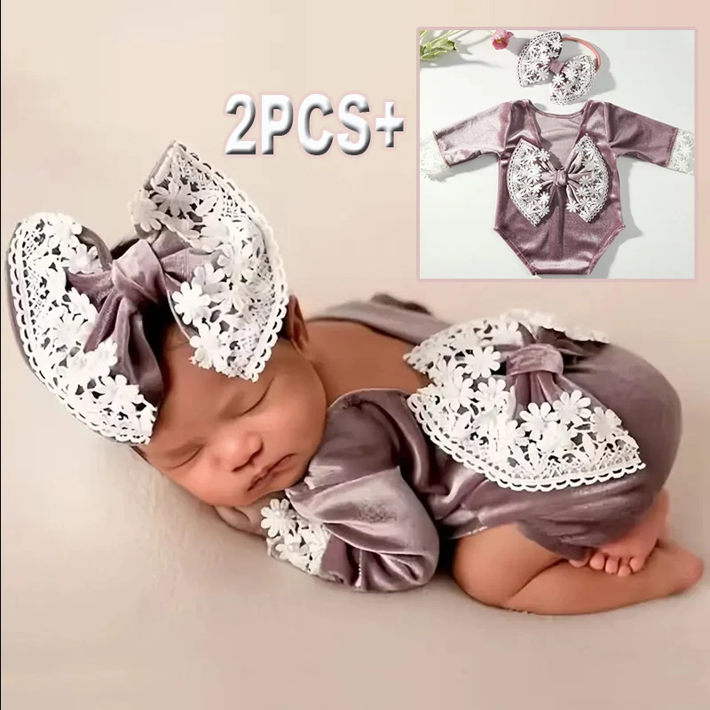 

Комплект для фотосессии новорожденных девочек: бархатный комбинезон с бантом на спине и кружевной повязкой на голову (2 шт.)