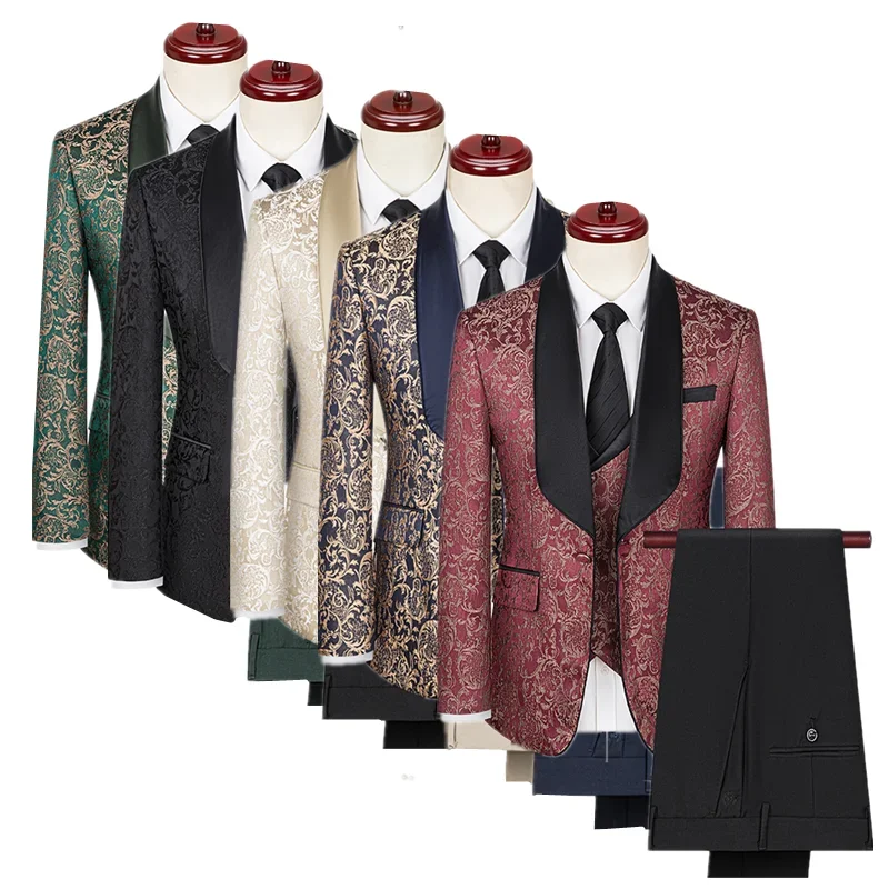 High-grade Jacquard Suit 3 Piece Men Clothing Green / Red / White Fashion Male Luxury Wedding Blazers and Pants with Vest