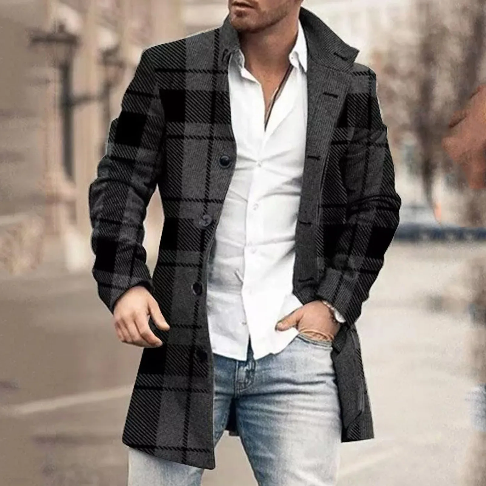 Vintage Men Woolen Coat Winter Lapel Single Breasted Long Sleeve Button Padded Windbreaker Thicken Coat Plus Size Overcoat