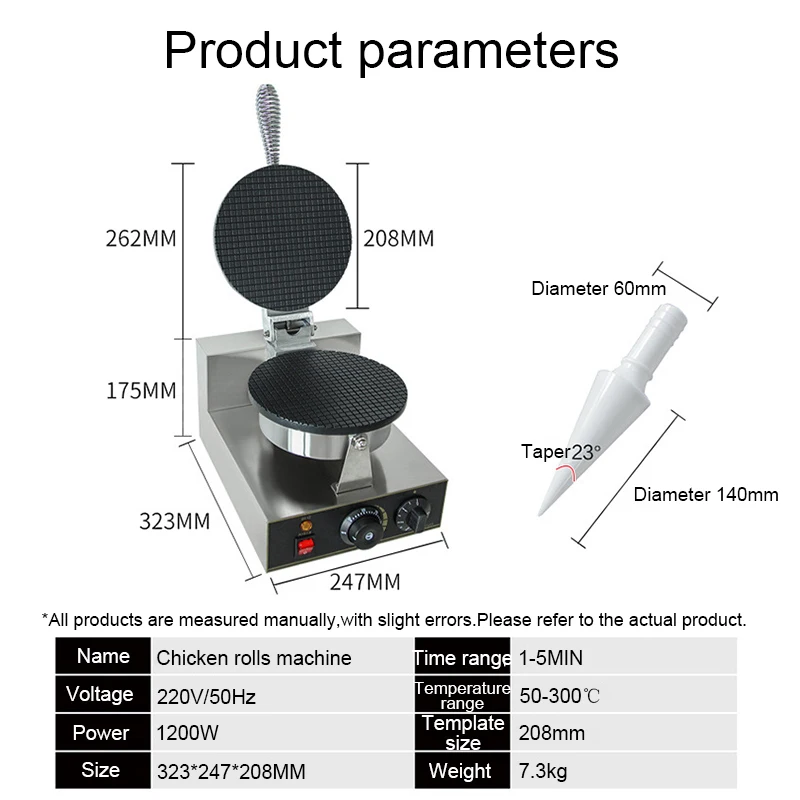 Commercial Electric Ice Cream Waffle Cone Maker Palacinka Baker Crepe Cone Baking Machine Crispy Egg Roll Cake Oven Iron Plate