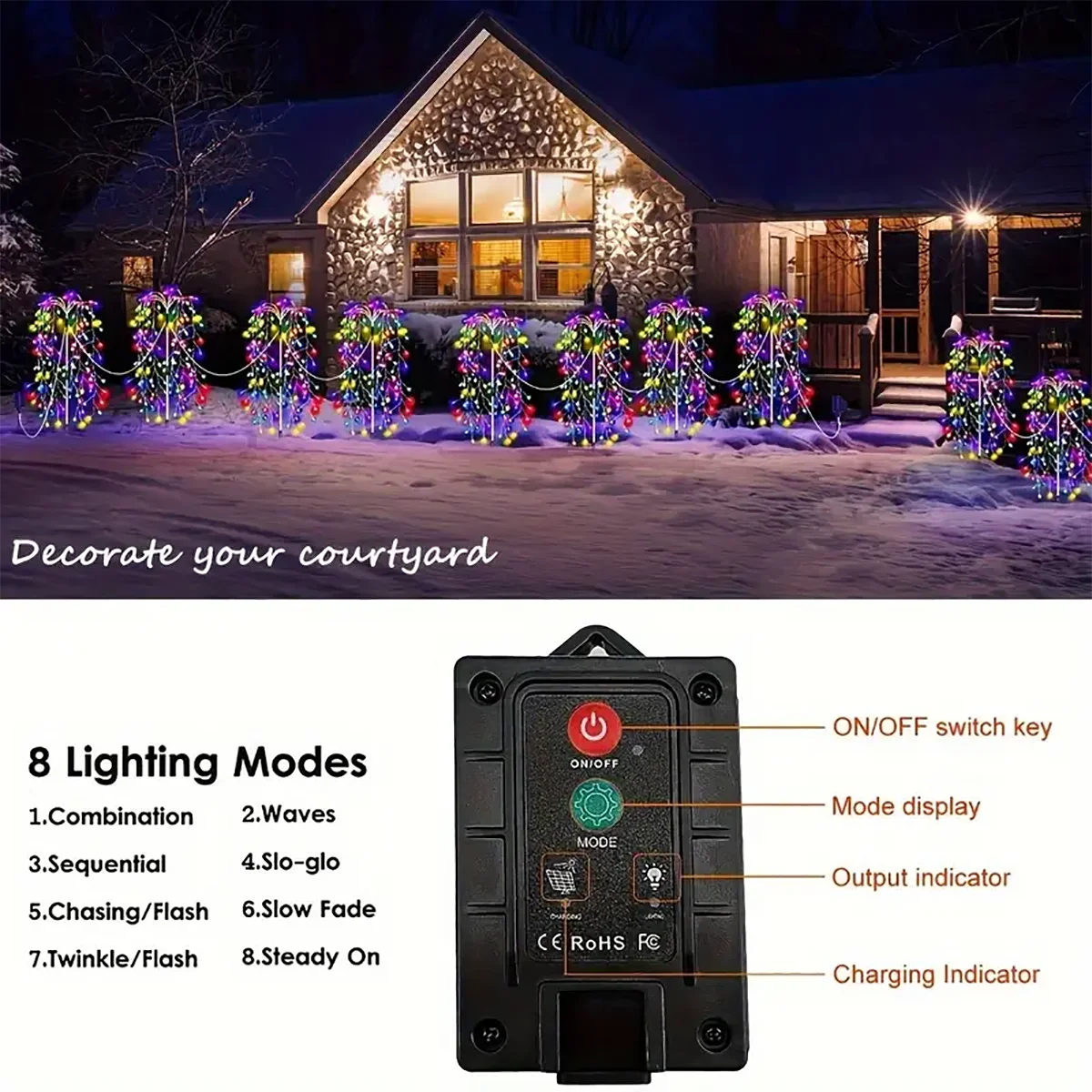 Christmas Solar Firecracker Fireworks Lights, ao ar livre, quintal, gramado, jardim, decorativo, festa, paisagem, iluminação, 4Pack, 680LED