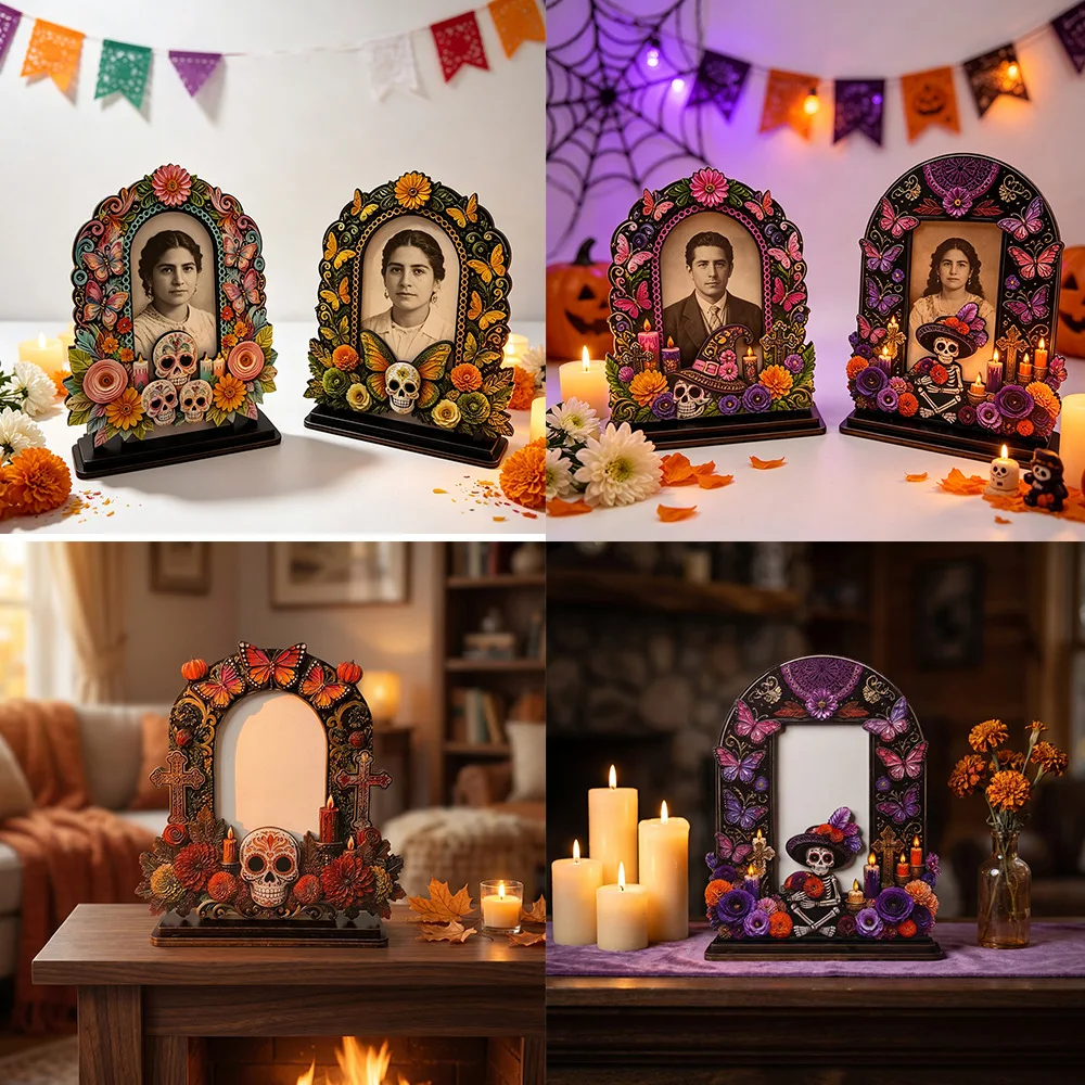 Dia De Los Muertos Wooden Ofrenda Shadow Box, Hand-Painted Calavera Photo Frame, Day of The Dead Memorial Display for Loved Ones