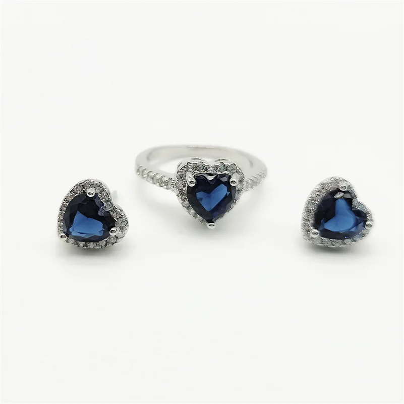 CC Heart Jewelry Sets 2pcs Ring Stud Earrings For Women Blue Zirconia Wedding Engagement Fashion Accessories Drop Shipping