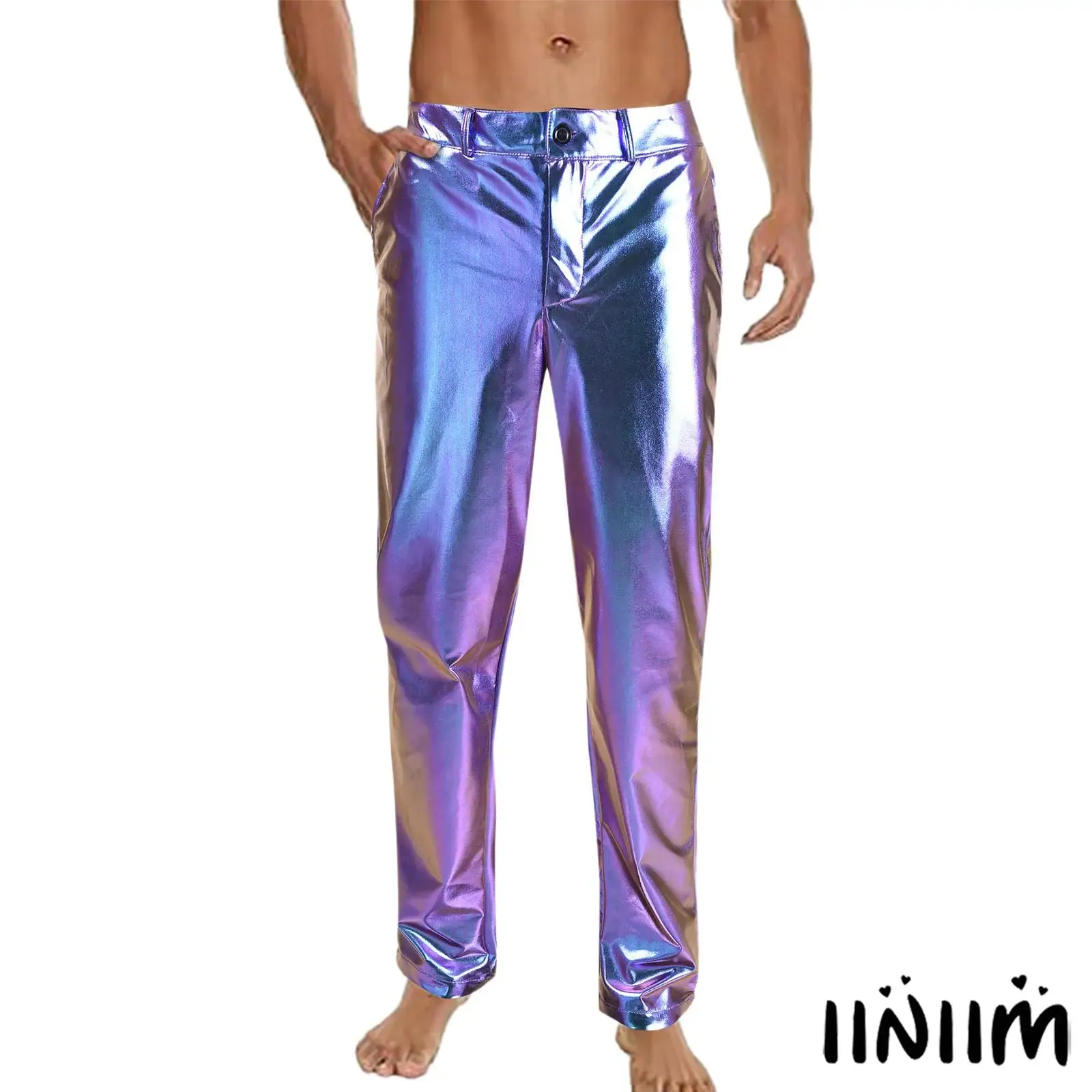 

Men's 80s Disco Dance Trousers Clubwear Metallic Shiny Straight Leg Side Pockets Long Pants for Clubbing Jazz Rock Dance Party