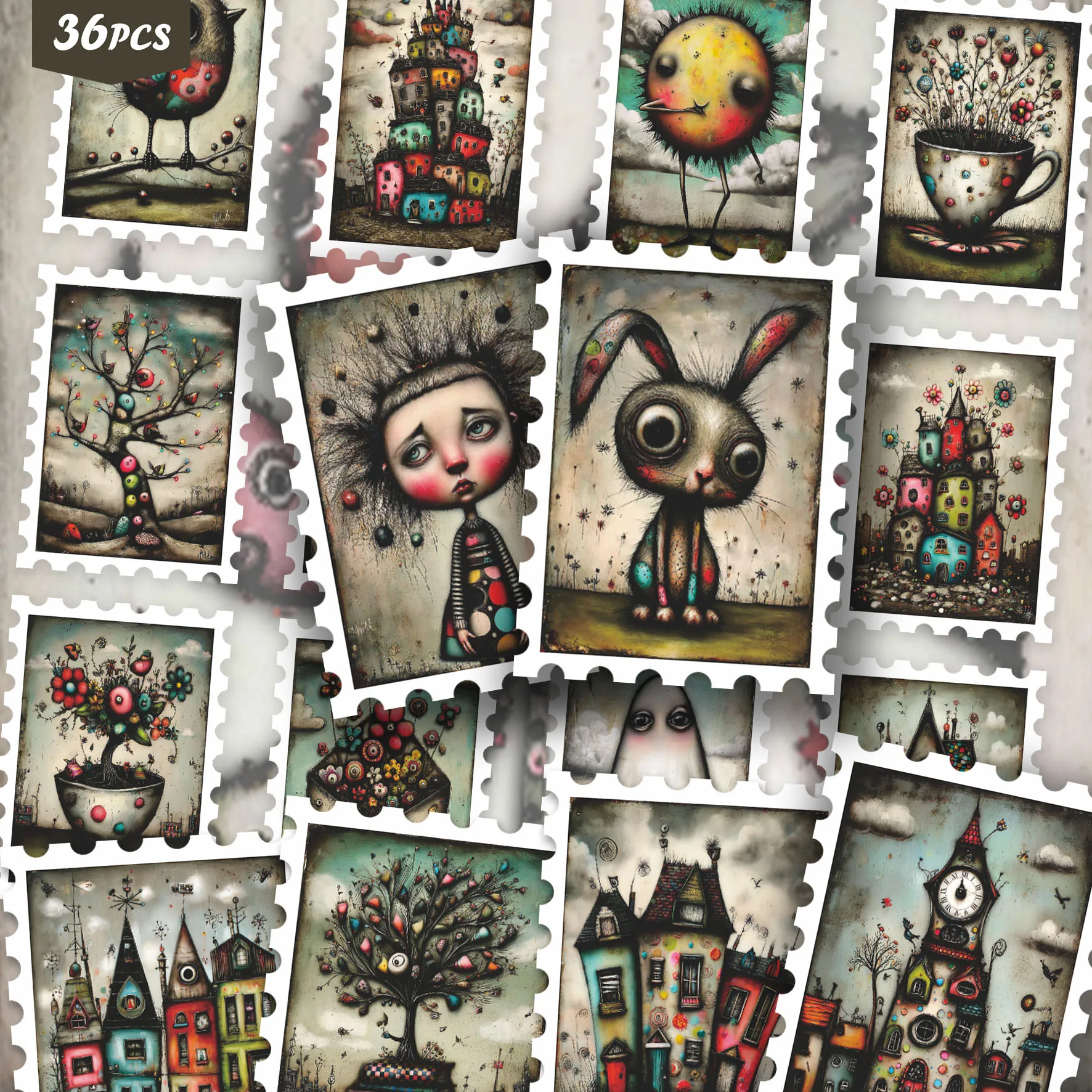 36PCS Dark Cute Stickers for laptops, Weird Doll & Clock Tower Prints, Perfect for Scrapbooking & Notebook Decoration
