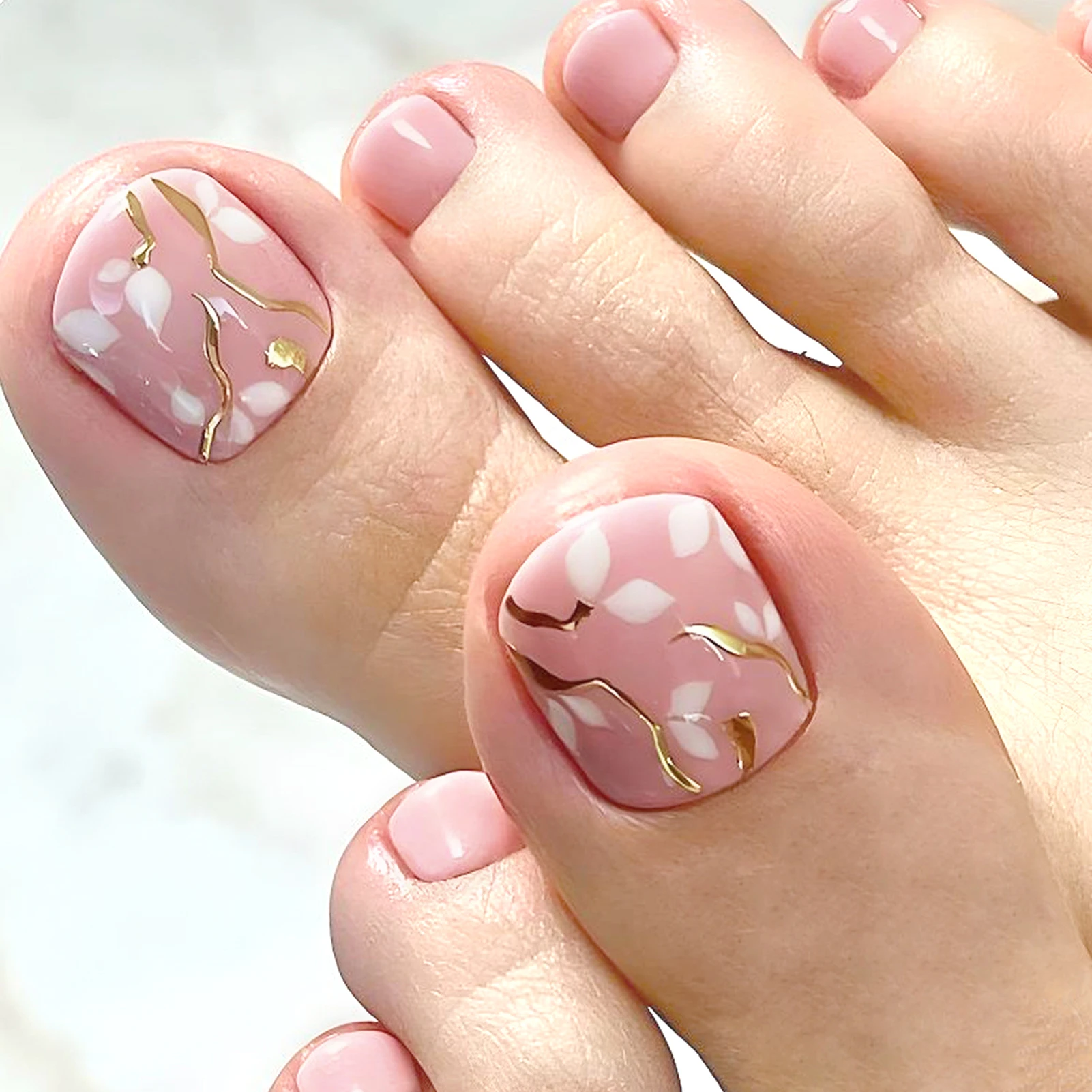 Short Pink Press on Toenails with French White Edge Flower Designs Fake Toe Nails Sets for Women Girls DIY Manicure Nail Art