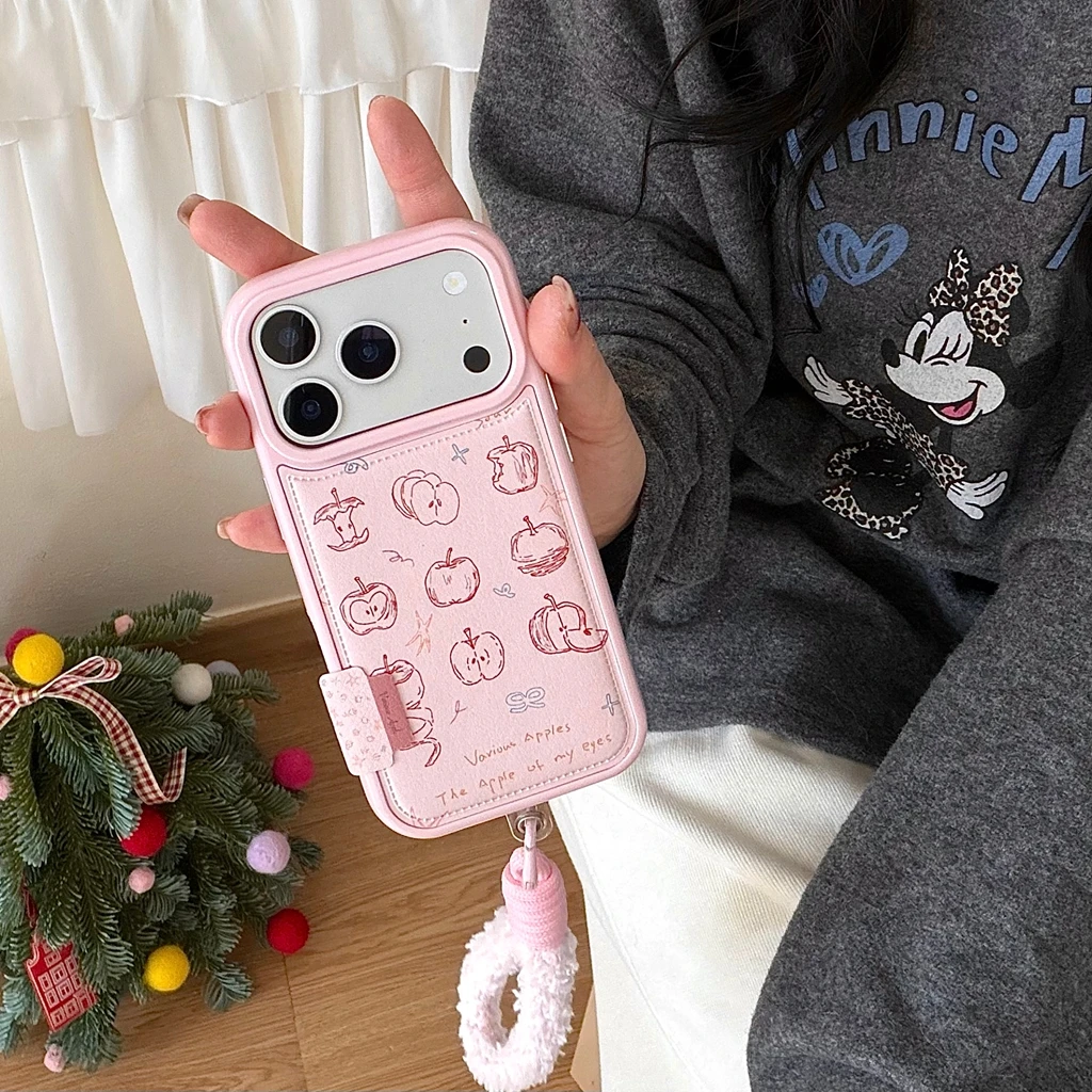 الوردي الجلود الاصطناعية أبل خط الكتابة على الجدران مع الحبل للصدمات واقية غطاء الهاتف آيفون 17 16 15 14 برو ماكس