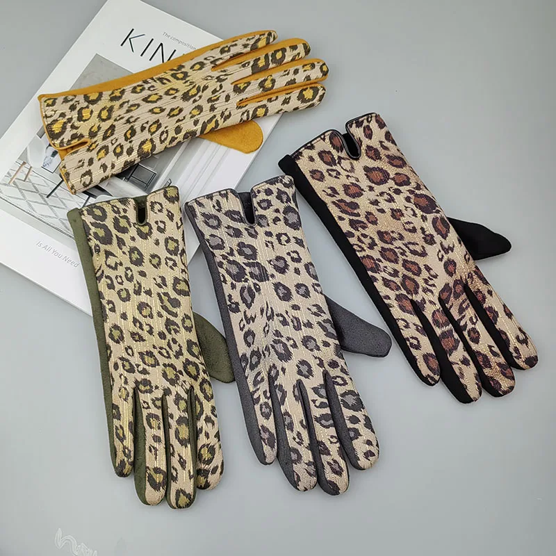 Fashion Leopard Print Suede Leather Women\'s Warm Gloves For Sports Autumn Winter Outdoor Cycling Thicken Touch Screen Driving