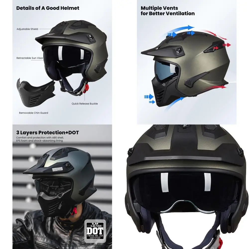 

Midnight Green 3/4 Open Face Dirt Bike Helmet - L Size, Suitable for Moped, ATV, UTV, Motocross, Cruiser, Scooter, DOT Certified