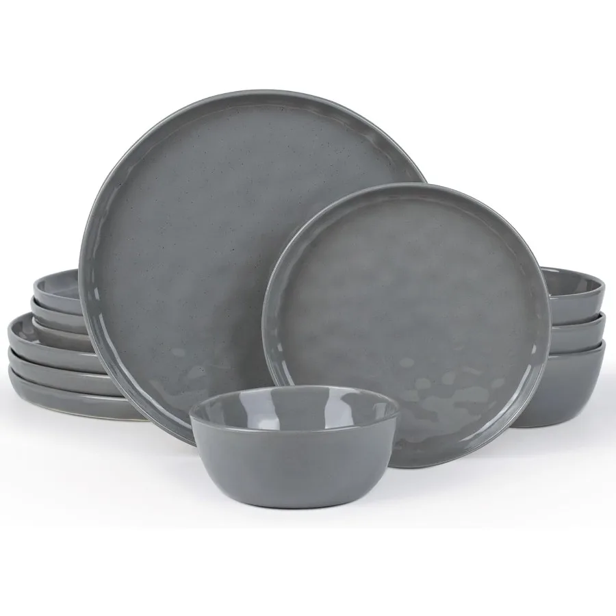 

Mars Plates and Bowls Set 12 Pieces Dinnerware Sets Dishes Set for 4 Dark Gray
