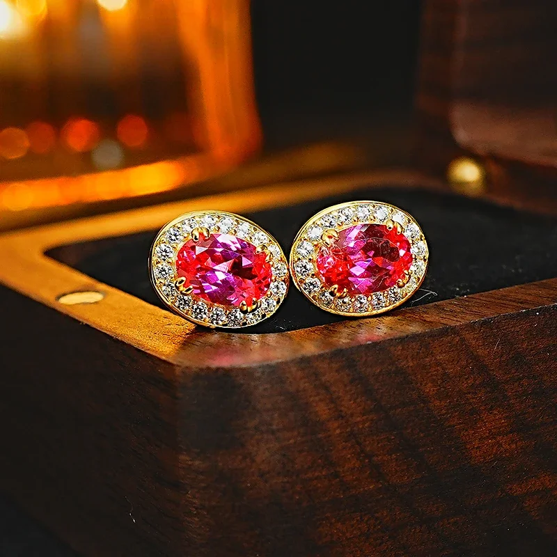 Super sweet rupee pink tourmaline 925 silver oval earrings set with high carbon diamond light luxury commuting wedding jewelry