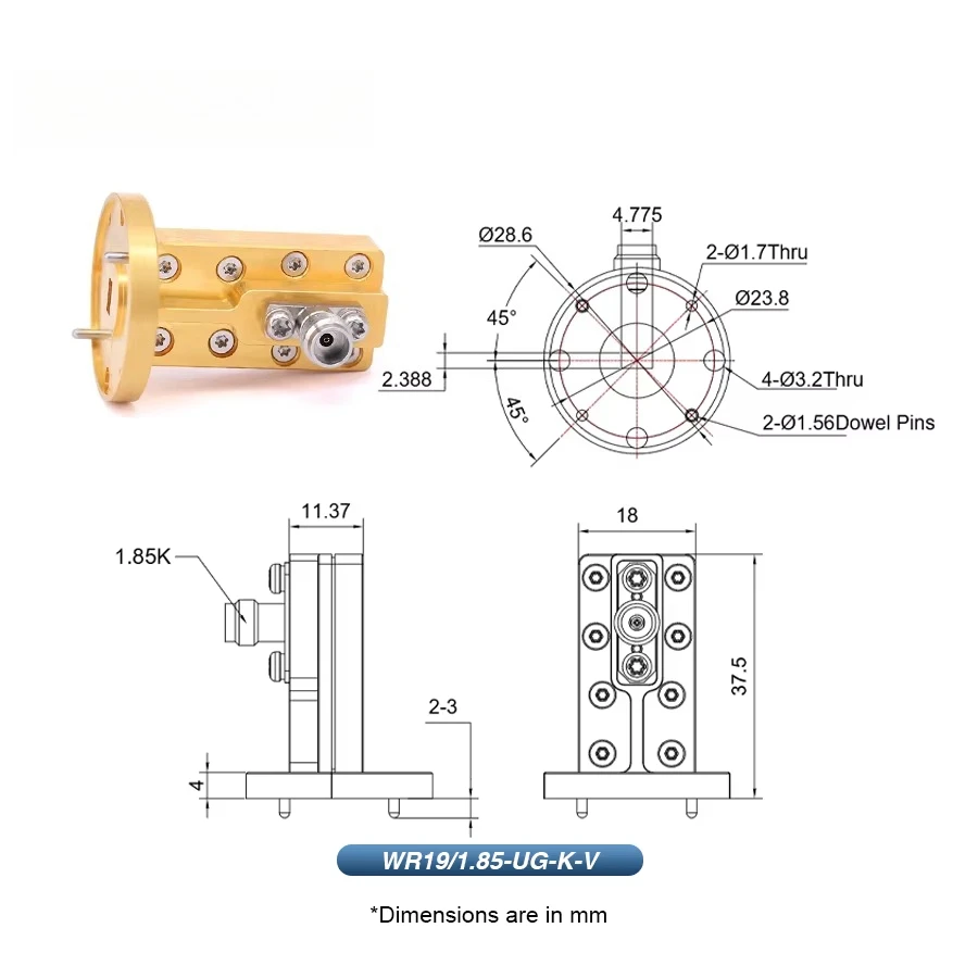 WR-19 to 1.85mm Female Right Angle Waveguide Adapters UG-383/U Flange 39.2-59.6GHz Coax Telecom Parts