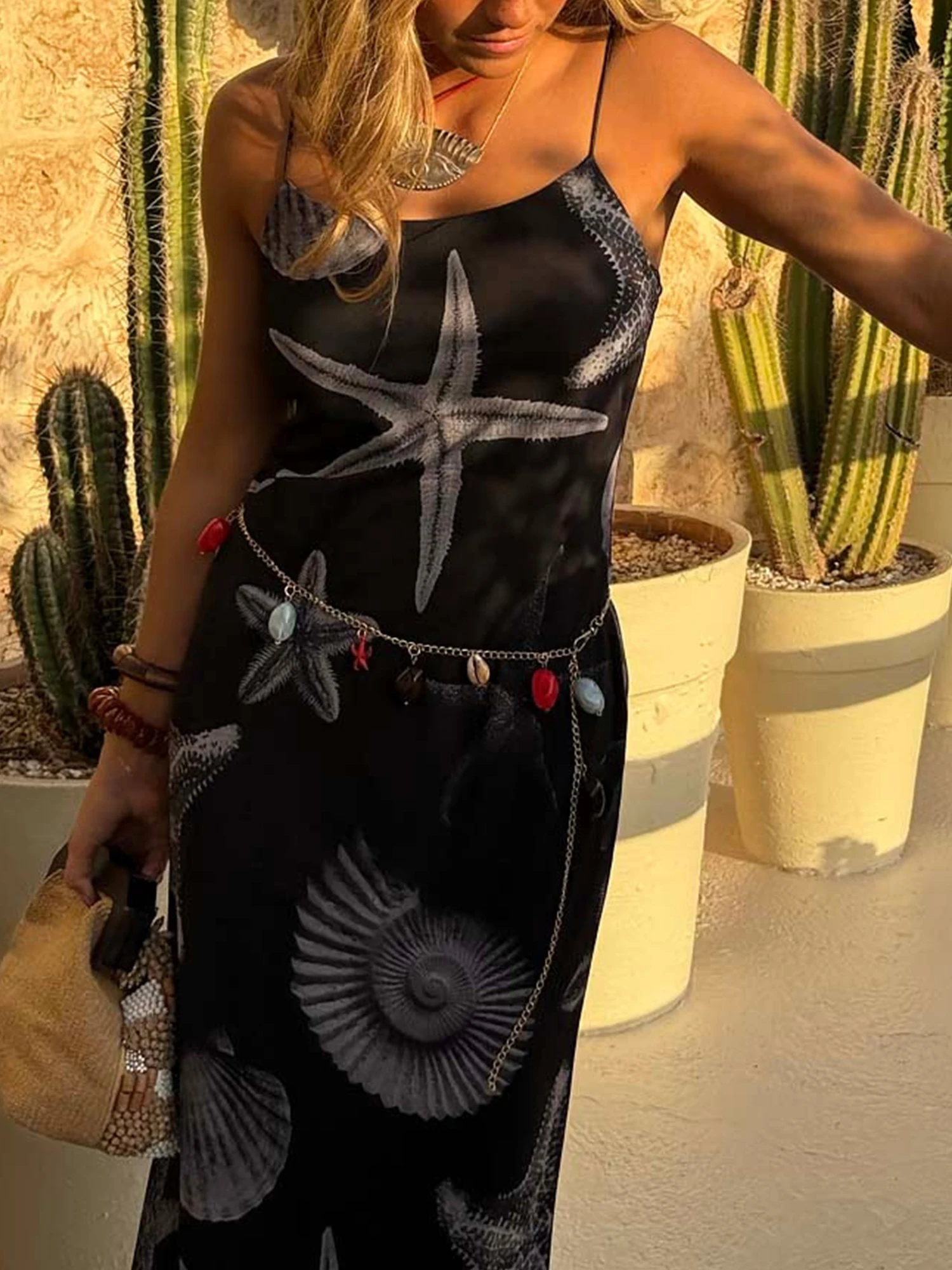 ผู้หญิงฤดูร้อนชุด Cami ยาวแขนกุดเปิดกลับ Seashell พิมพ์ชุดชายหาดสปาเก็ตตี้สายคล้องคอ Backless Bodycon ชุดยาว