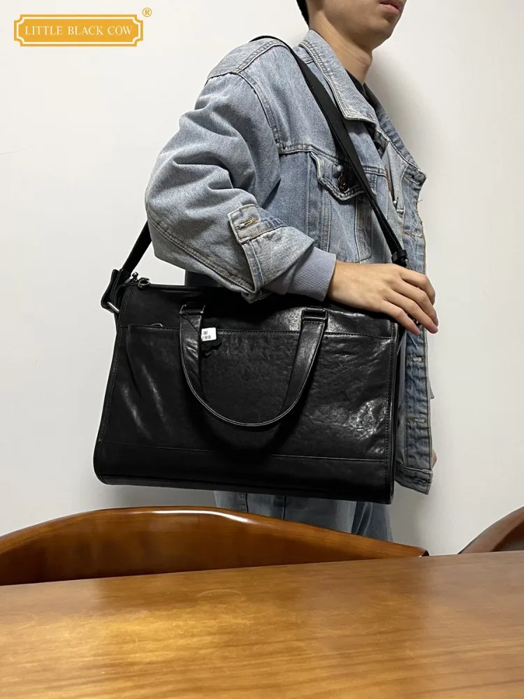 

Офисные мужские сумки-тоут с несколькими карманами, деловой портфель, мужские сумки через плечо ручной работы на одно плечо из натуральной яловой кожи