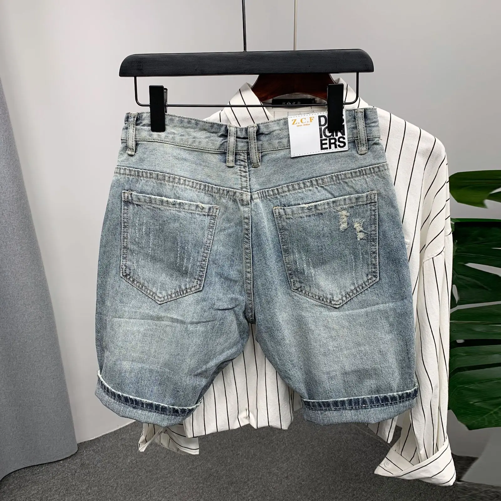 Blue Trendy Zipper Splice Slim Fit Jeans Shorts Men's Youth Summer New Style Fourths Pants Fashionable Wear Resistant