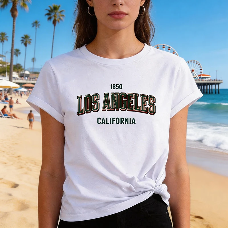 T-Shirt mit Los Angeles 1850 Aufdruck für Mädchen, Kurzarm, Rundhalsausschnitt, Lässige Oberteile für Sommer und Frühling, Damen-T-Shirt Kleidung