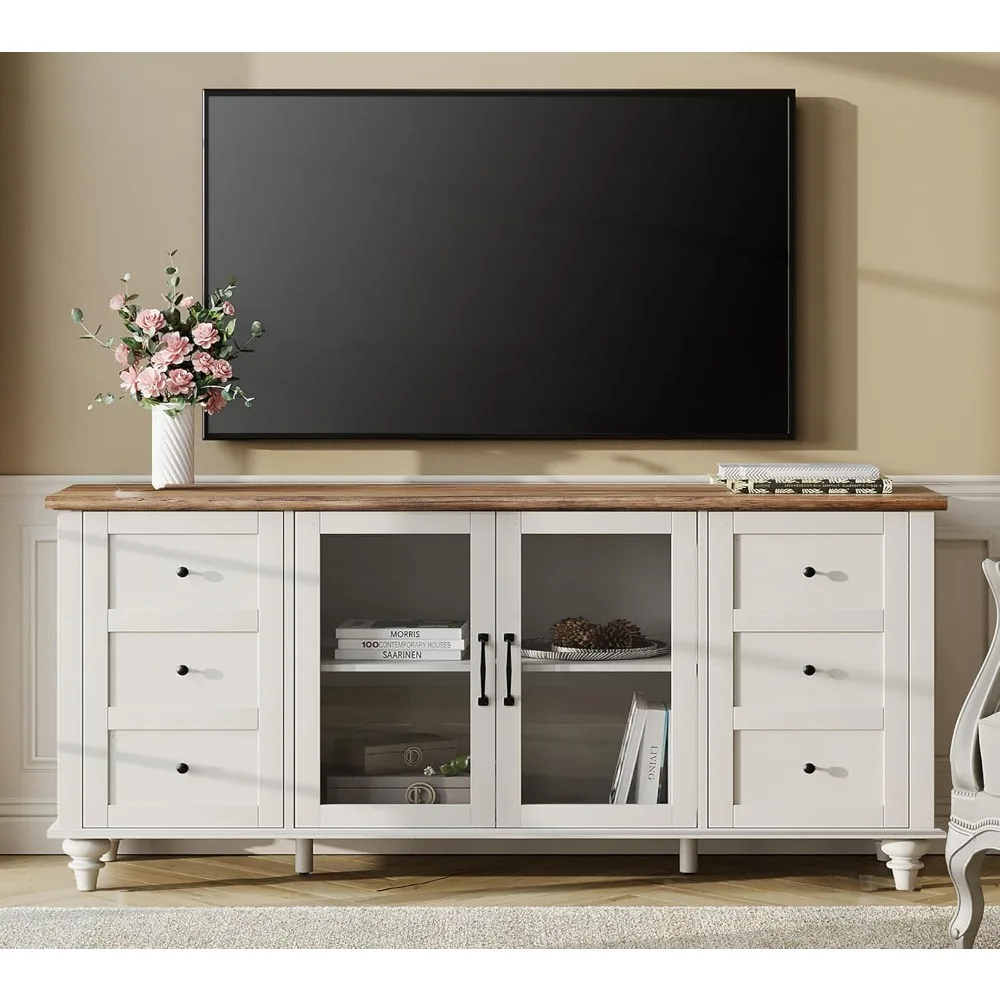 

4-Door Farmhouse TV Stand for TVs Up to 75 inch, Glass and Wood Universal TV Stand with 4 Storage Cabinets, White Enterta