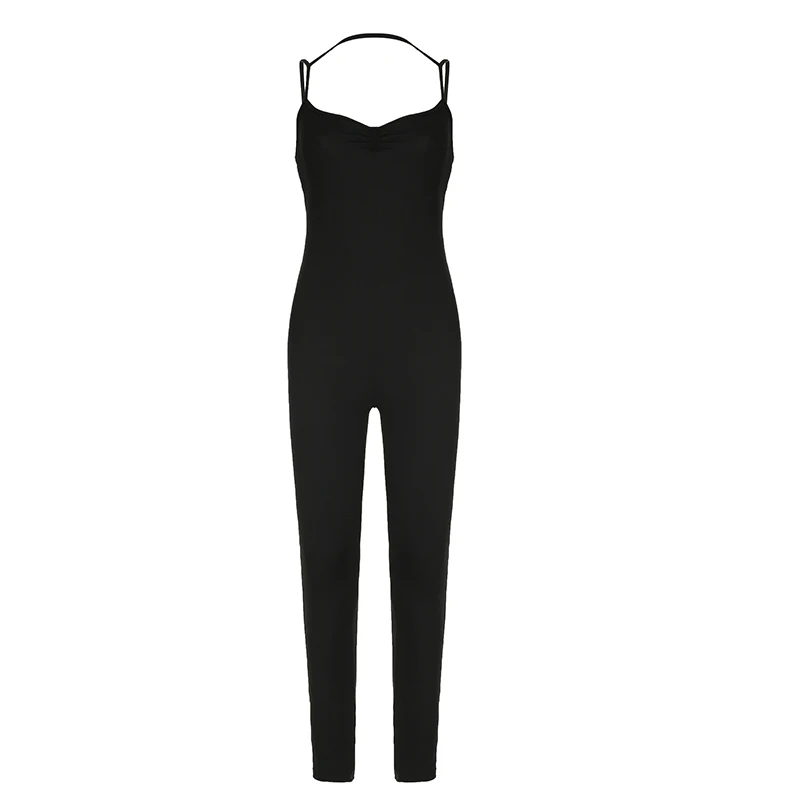 BIIKPIIK Shirring Backless Women Jumpsuits Casual Spaghetti Strap Low-cut Skinny Rompers Sporty Black Sleeveless Overall Fitness