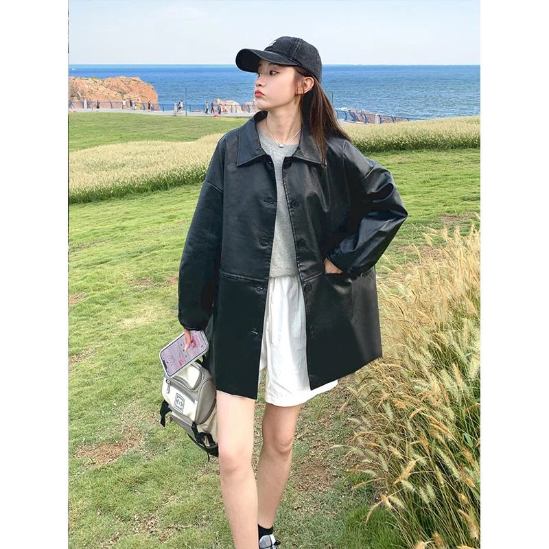 Giacca in Pelle Nera da Donna, Stile Casual con Colletto Rovesciato, Design Retrò Hong Kong, Cappotto in Pelle PU alla Moda, Novità Primavera-Autunno