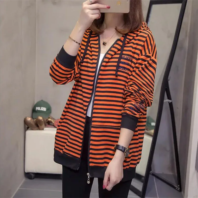 Hooded Casual Woman\'s Coat 2023 New Spring And Autumn Jacket Stripe Zipper Thin Sweater Loose Female Hoodie Cardigan Tops