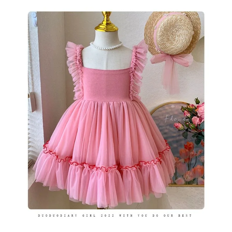 High end girls' camisole dress summer style little girl pink fluffy skirt princess children's sleeveless dress