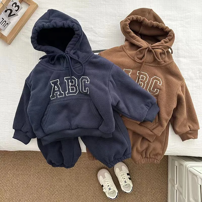 Autumn Winter Kid Tracksuit Boy Baby Fleece Thick Hoodies Set Girl Children Plus Velvet Warm Tops+Pants 2psc Kid Sweatshirt Suit