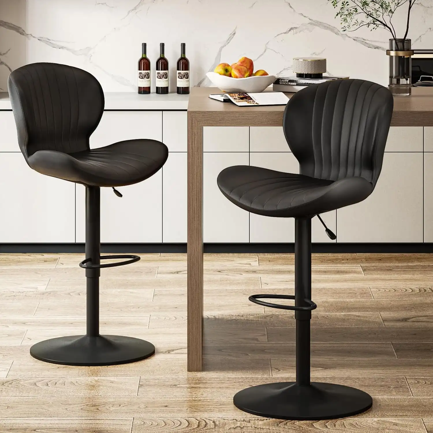

Modern Adjustable Bar Stools Set of 2, Faux Leather Upholstered Swivel Counter Stools, Counter Height Bar Stools with Large Base