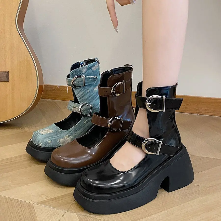 Lace Up Boots Summer Women\'s Shoes Boots-Women Round Toe Clogs Platform Lolita Black 2024 Rubber Ladies Rock Sandals Med Ankle S