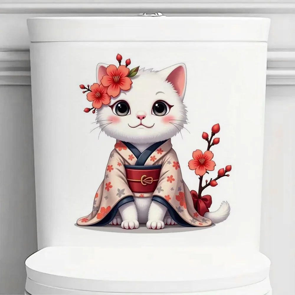 Kimono Kitten and Cherry Blossom Self-Adhesive Stickers, Bedroom Entryway Living Room Porch Home Decoration Wall Stickers