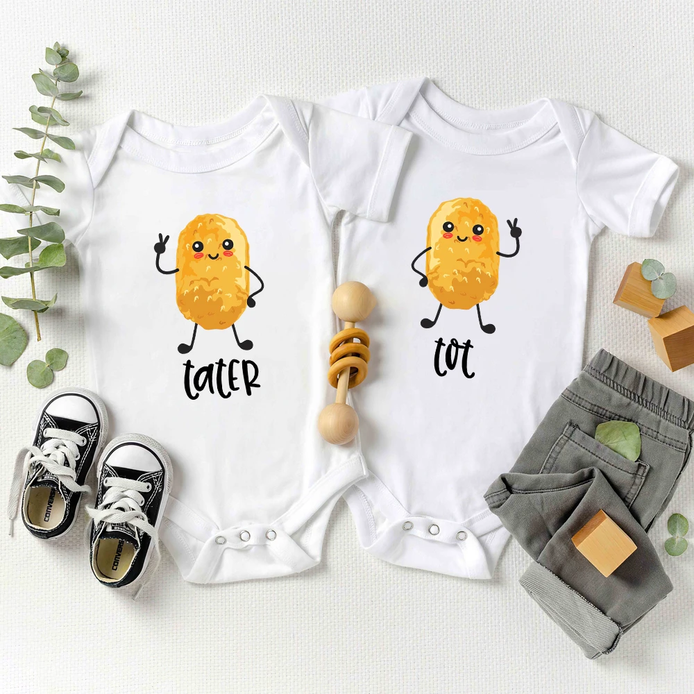 Tater Tot Funny Cute Twin Baby Onesies Cartoon Fashion 100% Cotton Newborn Boy and Girl Clothes American Style Trend Bodysuit