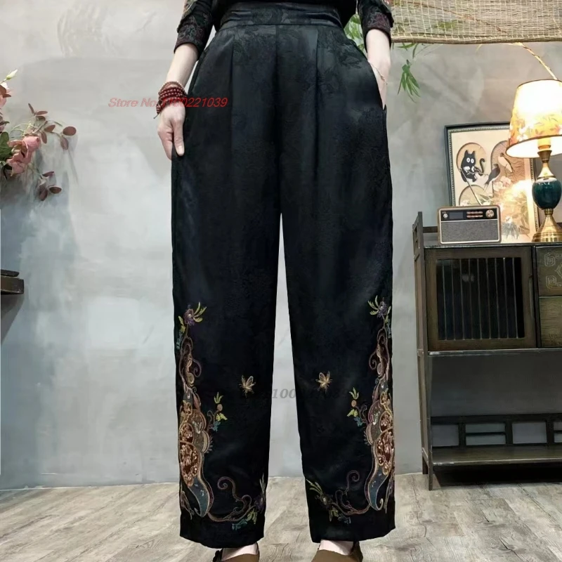 2024 calças vintage chinesas flor nacional bordado cetim jacquard calças cintura elástica calças folclóricas soltas perna larga pantalones