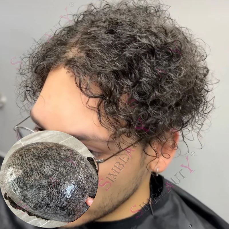 23 مللي متر مجعد رقيقة الجلد كامل Pu دائم رجل الشعر المستعار هيربيسي للرجال أسود براون خصلات الشعر المستعار الإنسان الذكور استبدال نظام الاصطناعية #1