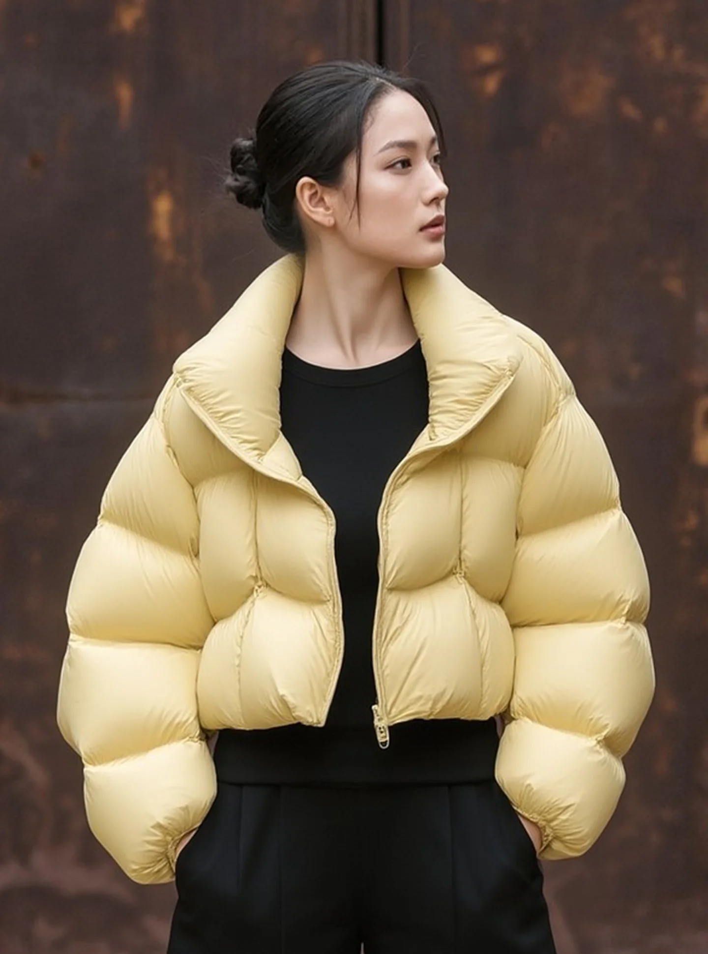 

Chic ort Puffer Jaet Женская желтая Cr Puff 2025 Winter Thi Верхняя одежда Ele Sle Du down Filling Ci Casual