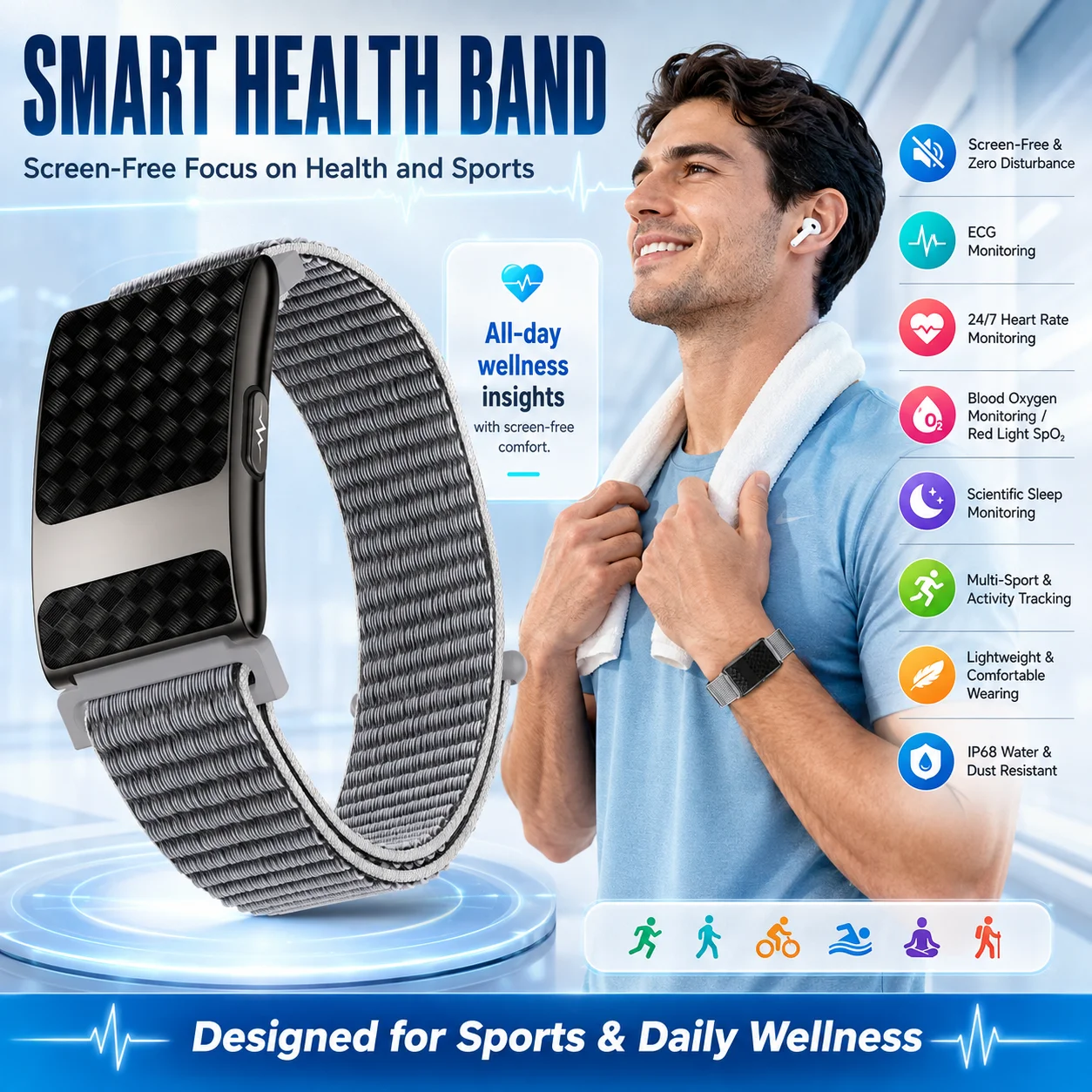 2026 New Screenless Bracelet Heart Rate Health Monitoring Blood Oxygen Sleep ECG Lightweight Sports Mode Smart Bracelet