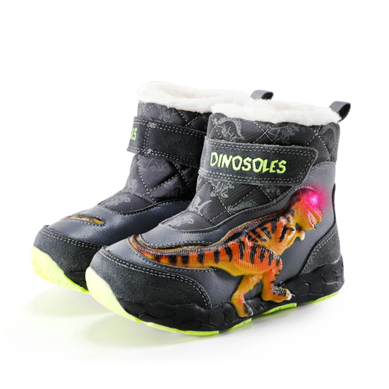 EXDINO T-REX LED Winter Snow Boots 3-6Y Children Boys Genuine Leather Kids Light Up Dinosaur Flashing Warm Thick Plush Footwear