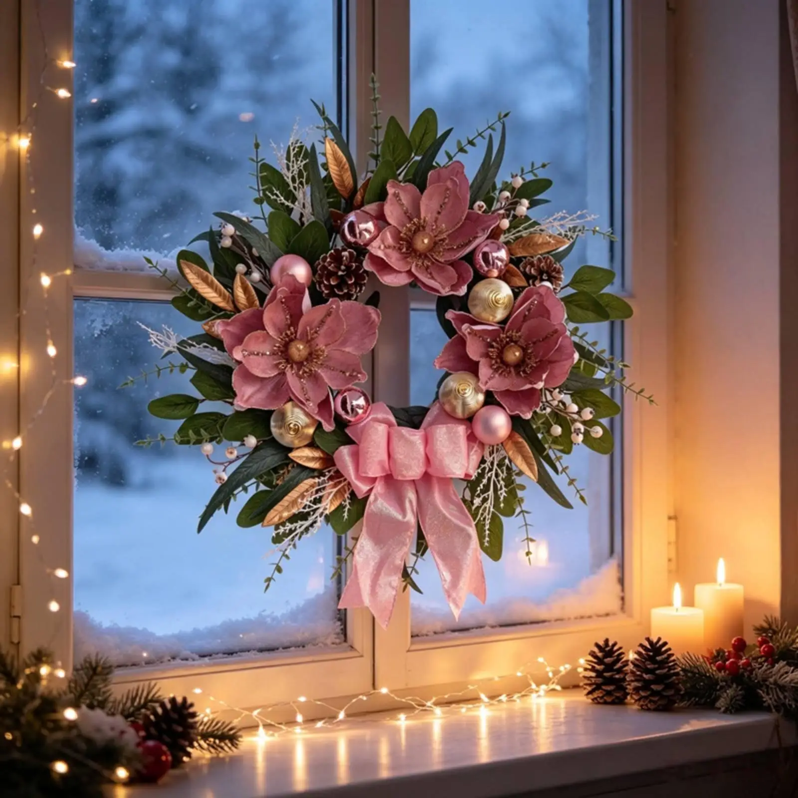 Christmas Wreath with Bow and Ornaments Floral Christmas Wreath with Lights Wreaths Light-up 60 Cm for Entryway, Shop Front